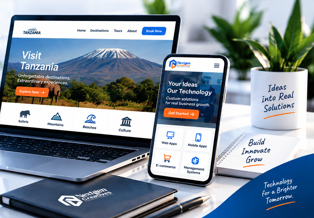 NextGen Creatives premium tourism website shown on a laptop, alongside a mobile app screen on a smartphone, styled on a modern office desk with a plant and notebook.