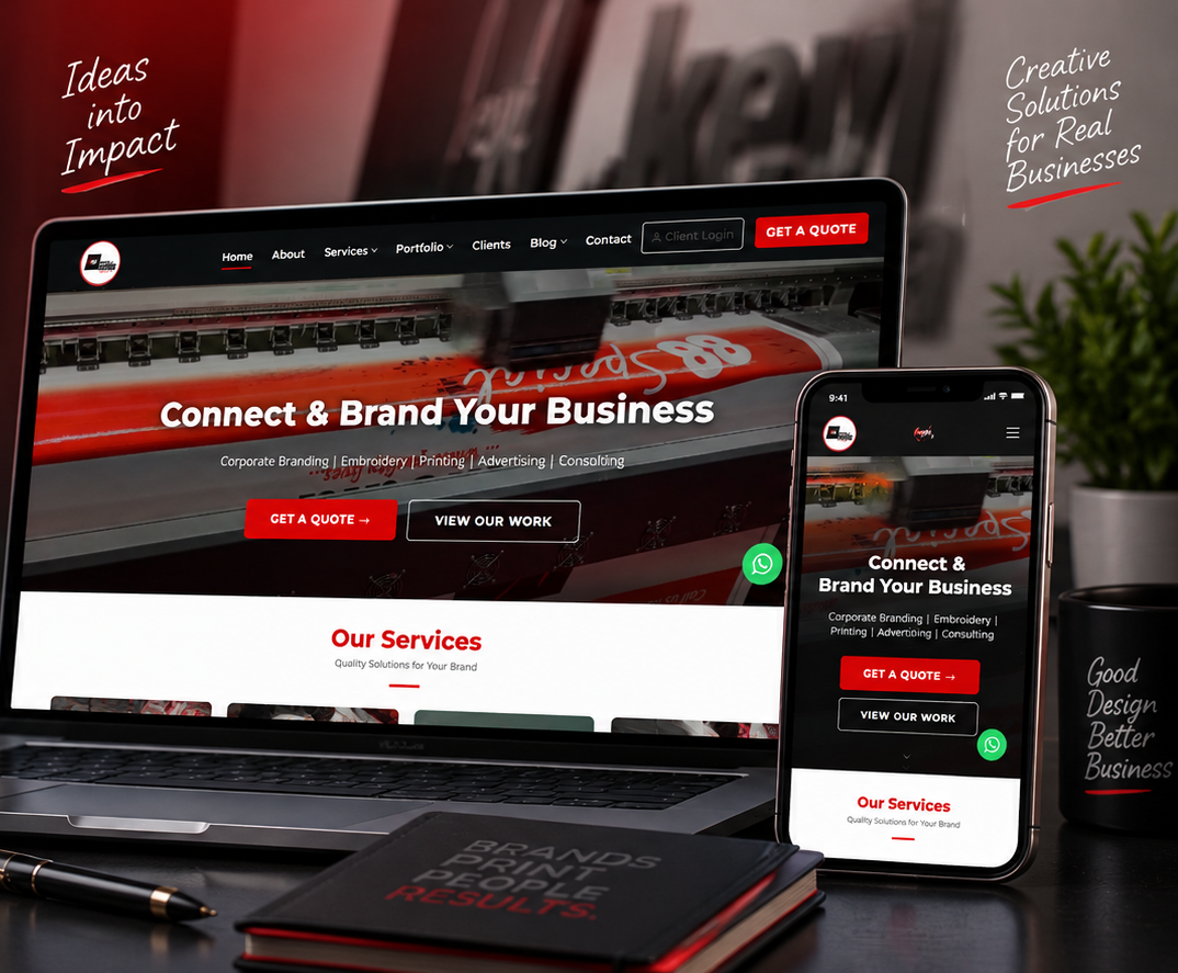 Kevi Business Media corporate website designed by NextGen Creatives, shown on a laptop and a responsive mobile layout on a smartphone