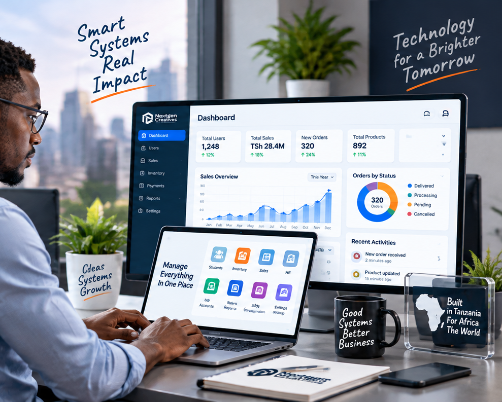 Professional using a custom business management system developed by NextGen Creatives, with a dashboard showing sales, orders and inventory analytics on a monitor and laptop.