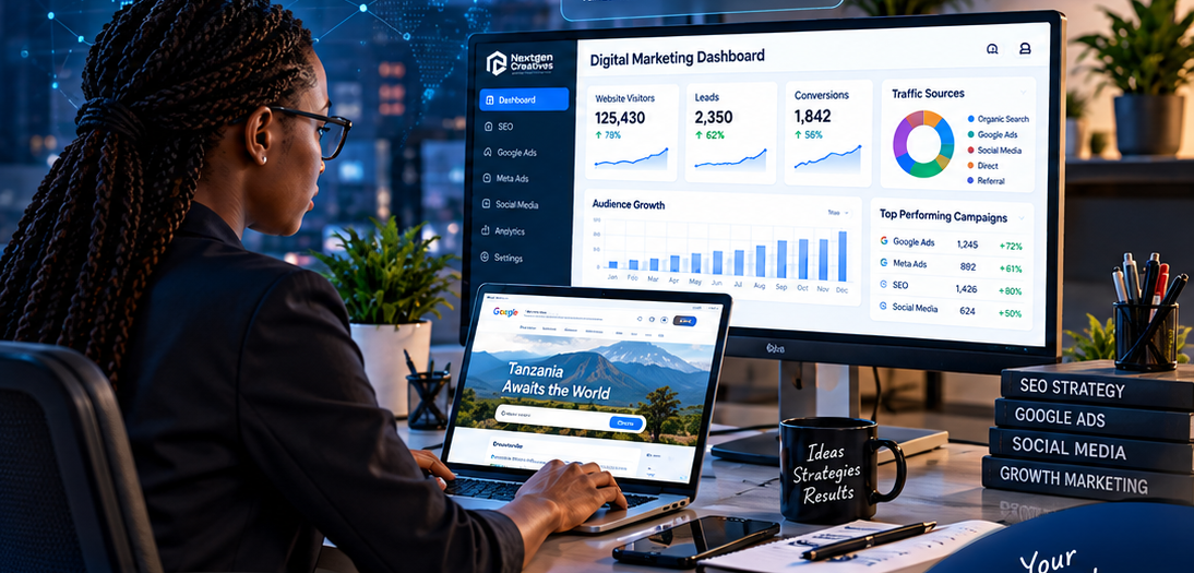 Digital marketing specialist analyzing SEO, advertising and website performance dashboards on a monitor and laptop showing a Tanzania tourism website.