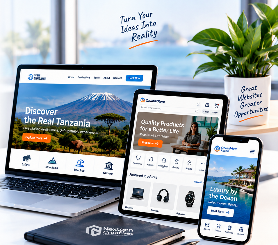 Website and e-commerce solutions developed by NextGen Creatives, shown across laptop, tablet and smartphone: a Tanzania tourism website, the ZawadiStore online shop, and the OceanView Resort mobile site.